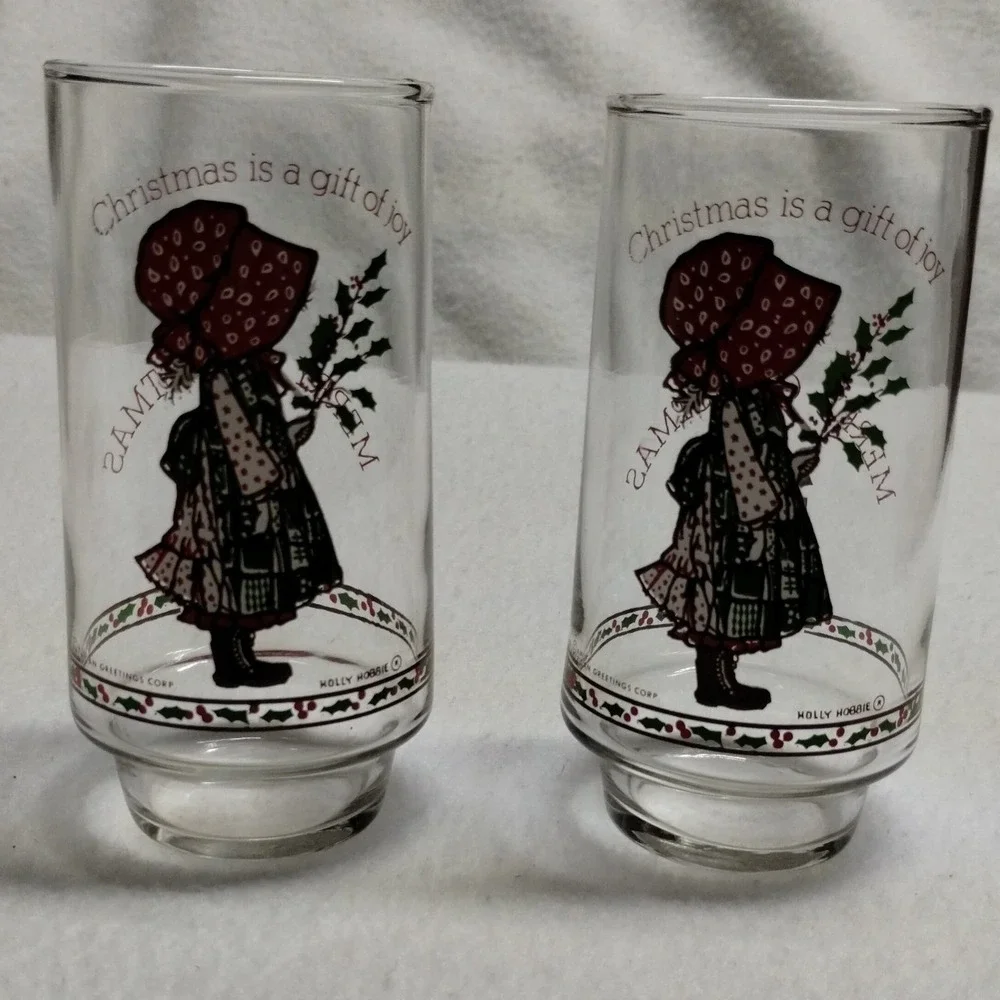 Set of‎ 2 Holly Hobbie Coca-Cola Christmas Glasses 1970s Vintage Limited Edition
